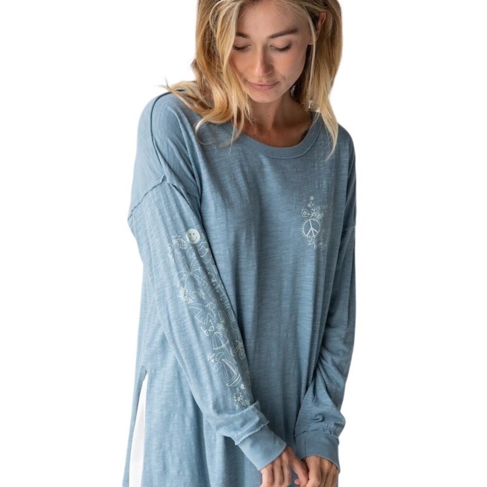 Natural Life Tunic Tee Womens Size L Blue Oversized Long Sleeve Doodle